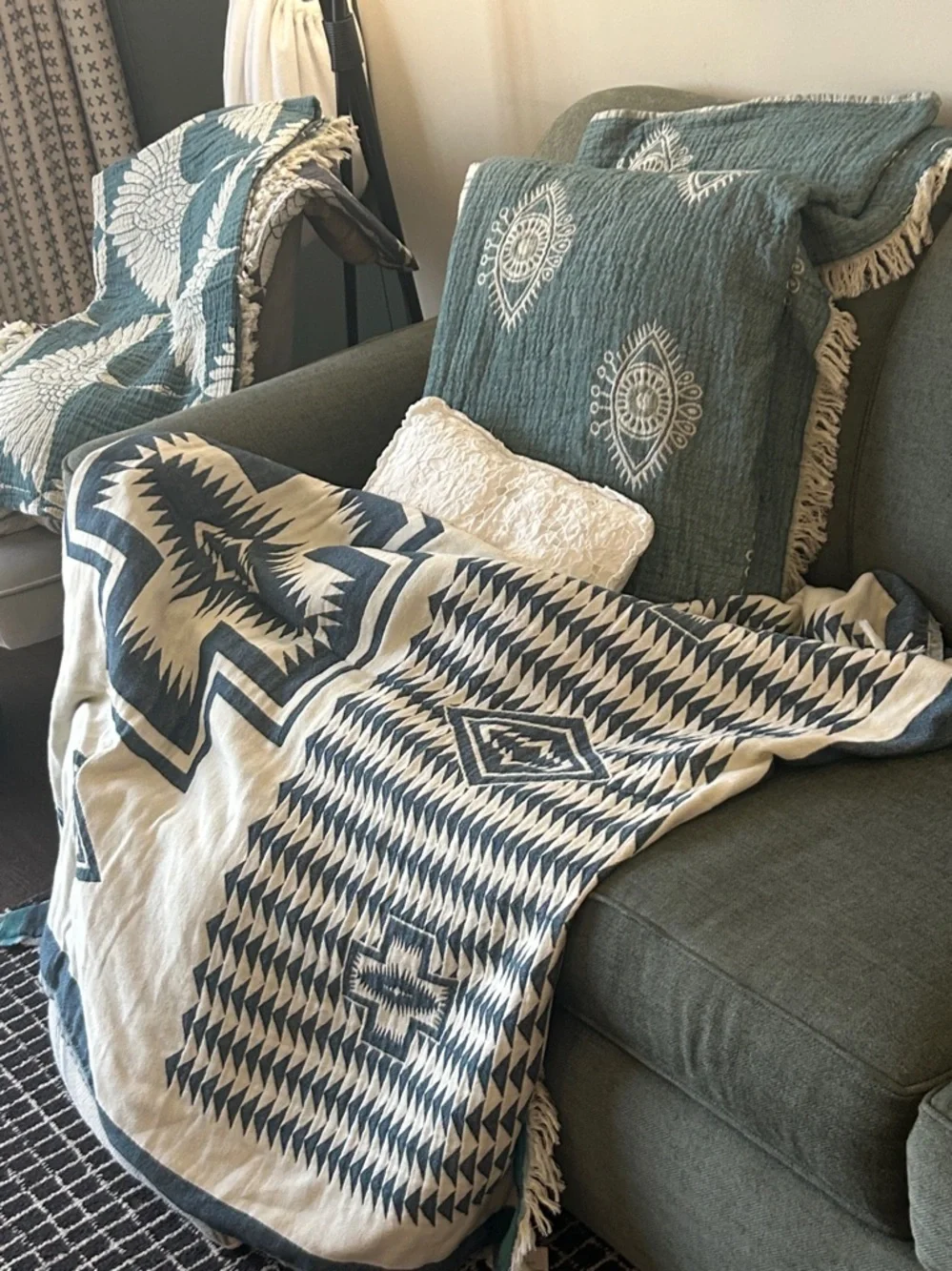 Woven Outdoor Indoor Blanket SxSW TH 2 Side Native Pattern Blue + Natural